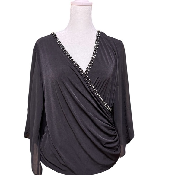 Carmen Marc Valvo Beaded Black Blouse – Draped V-Neck Ruched Top size L - Picture 1 of 5